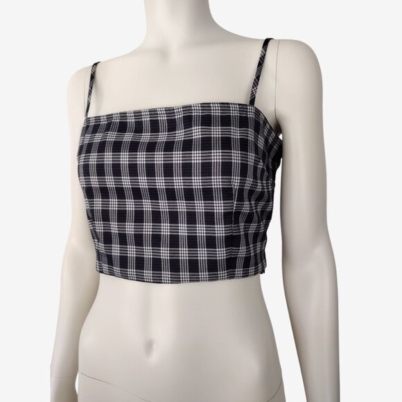 Forever 21 Black Blue Houndstooth Plaid Smocked Back Cropped Cami Top - Picture 3 of 11